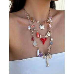 Gold Multi Strand Sea Charm Choker Necklace | Lobster Starfish Pearl Nautical